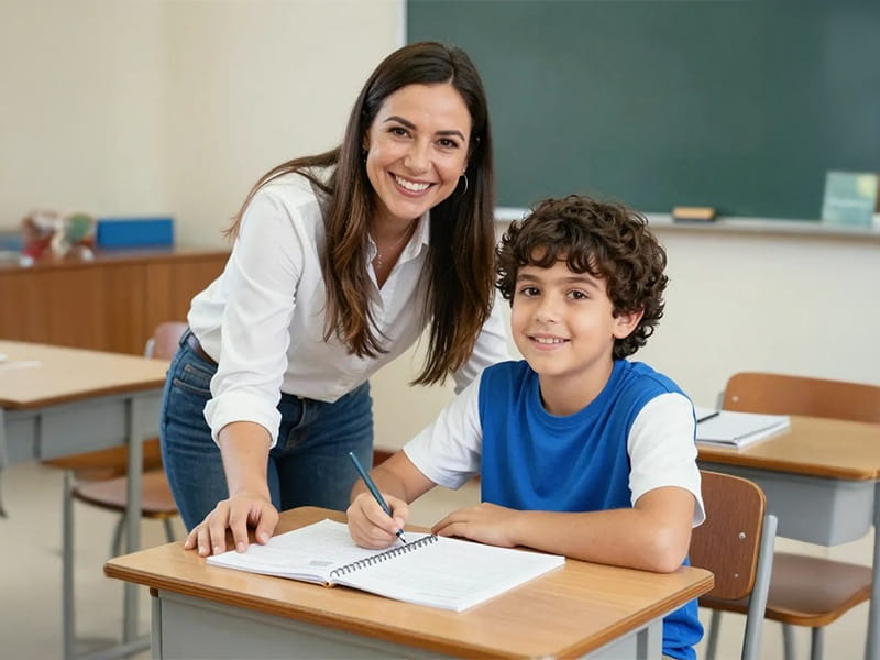 Estudiante feliz con apoyo escolar exitoso